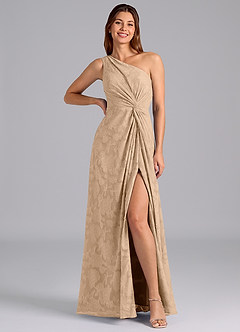 Azazie Brooke Jurken voor bruidsmeisjes Jurk van Bloemen Burn-out met A-Lijn One-Shoulder Champagne image3
