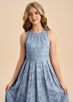 Azazie Bibiane Junior Dusty Blue A-Line Pleated Floral Burnout Dress image7