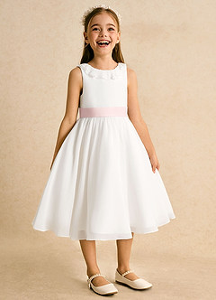 Azazie Dani Flower Girl Dresses Ivory Blushing Pink A-Line Bow Chiffon Dress image6