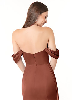 Azazie Amyra Bridesmaid Dresses Clay Sheath Off the Shoulder Stretch Satin Convertible Dress image3