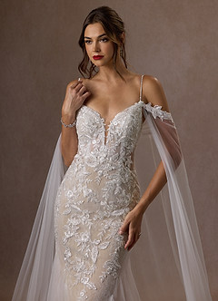 Azazie Leonie Wedding Dresses Diamond White Nude Mermaid V-Neck Sequins Tulle Dress image10