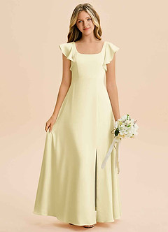 Azazie Bondi Junior Lemon Sorbet A-Line Side Slit Stretch Satin Dress image1