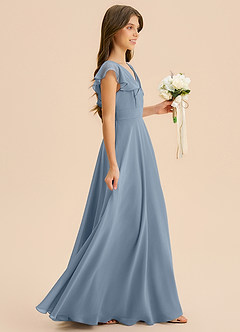 Azazie Anysa Junior Vestido de Azul Polvoriento de Gasa de Corte en A con Volante image4