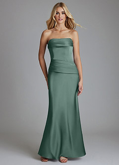 Azazie Lenya Bridesmaid Dresses Eucalyptus Sheath Pleated Stretch Satin Dress image1