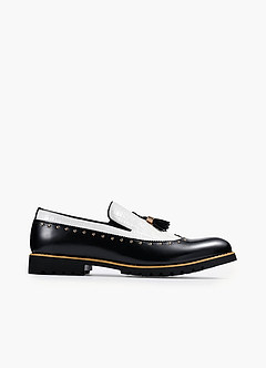 front Men's Mixed Leather Tassel Studded Loafers