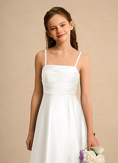 Azazie Pebbles Girl Jurken voor bloemenmeisjes A-Lijn Jurk van Mat Satijn Geplooid Ivoor image4