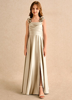 Azazie Rosita Girls Formal Robe Demoiselle D'honneur Fillette Robe Trapèze en Mat Satiné Plissée Champagne image3