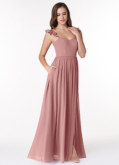 Azazie Metz Vente Finale Robe Trapèze en Mousseline de soie Froncé en cœur Rose Poussiéreuse image3