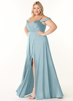 Azazie Ocean Bridesmaid Dresses Moody Blue A-Line V-Neck Pleated Stretch Satin Dress image8
