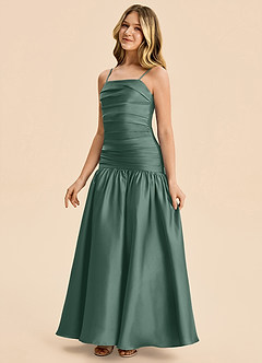 Azazie Romi Junior Eucalyptus A-Line Pleated Stretch Satin Dress image6