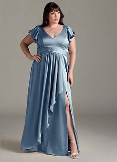 Azazie Omari Vestidos de damas de honor Vestido de Azul Polvoriento de Satén Elástico de Corte en A image10