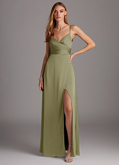 Azazie Calissa Bridesmaid Dresses Pistachio A-Line V-Neck Pleated Stretch Satin Dress image1