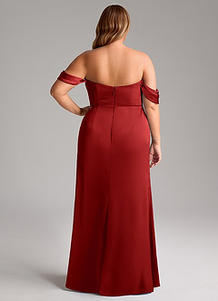 Azazie Saige Bridesmaid Dresses Pomegranate Sheath Off the Shoulder Stretch Satin Dress image12
