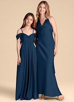 Azazie Kaitlynn Junior Dark Navy A-Line Off the Shoulder Stretch Satin Dress image3