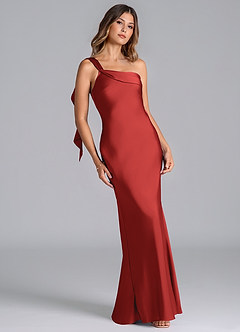 Azazie Driea Bridesmaid Dresses Pomegranate Mermaid One Shoulder Stretch Satin Dress image1
