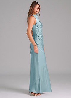 Azazie Evadne Bridesmaid Dresses Moody Blue A-Line Pleated Stretch Satin Dress image4