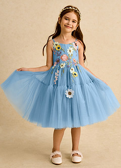 Azazie Osea Flower Girl Dresses Steel Blue Ball-Gown Pleated Tulle Dress image8