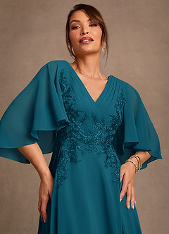 Azazie Tilda Vestidos para mãe da noiva Vestido Tinta Azul de Chiffon de Linha A com Renda image5