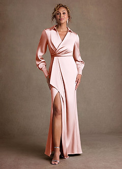 Azazie Jacinta Mère de la mariée Robes Robe Fourreau en Satin extensible Plissée Rose Pâle image1