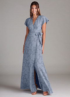 Azazie Ling Bridesmaid Dresses Dusty Blue A-Line Pleated Floral Burnout Dress image3
