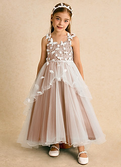 Azazie Darlina Flower Girl Dresses Ivory Champagne Rose Ball-Gown Lace Tulle Dress image5