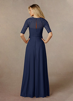 Azazie Raelyn At-home Try On Dresses Dark Navy A-Line Lace Mesh Dress image7