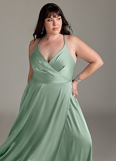 Azazie Davis Bridesmaid Dresses Agave A-Line Pleated Stretch Satin Dress image11