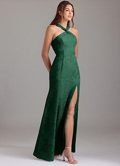 Azazie Rue Bridesmaid Dresses Dark Green A-Line Pleated Floral Burnout Dress image4