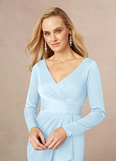 Azazie Risa Kleider für die Brautmutter Meerjungfrau-Linie V-Hals Gefaltet Gittergewebe Kleid Himmelblau image4