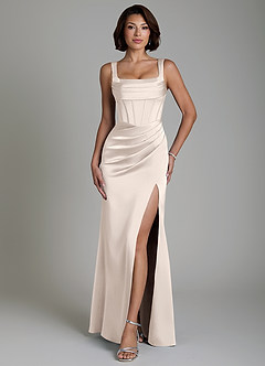 Azazie Amora Bridesmaid Dresses White Alabaster Mermaid Corset Stretch Satin Dress image1