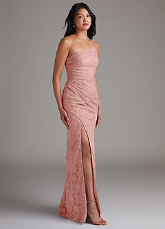 Azazie Eren Brautjungfernkleider Etui One-Shoulder Blumen-Burnout Kleid Rosettenrosa image3