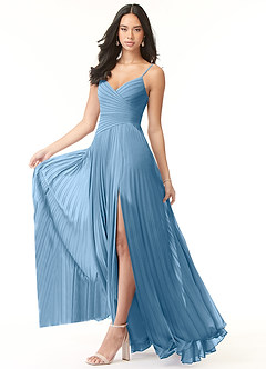 Azazie Vini Bridesmaid Dresses Steel Blue A-Line V-Neck Pleated Chiffon Dress image3
