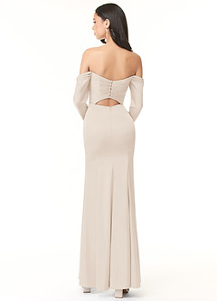 Azazie Hallie Bridesmaid Dresses White Alabaster Sheath Off-The-Shoulder Long Sleeve Stretch Satin Convertible Dress image3