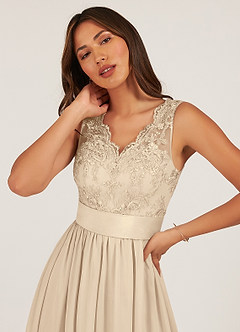 Azazie Gertrude Bridesmaid Dresses Champagne A-Line Lace Chiffon Dress image6