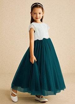 Azazie Bumblebee Flower Girl Dresses Ivory Pine A-Line Lace Tulle Dress image2