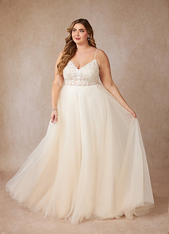 Azazie Tatiana Vestidos de novia Vestido de Blanco Diamante Champán de Tul de Corte en A con Lentejuelas cuello pico image11