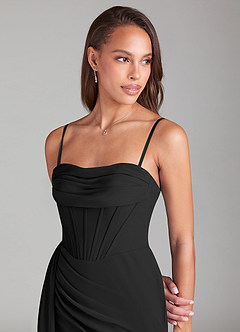 Azazie Amyra Bridesmaid Dresses Black Sheath Off the Shoulder Chiffon Convertible Dress image2