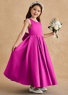Azazie Honey Bear Flower Girl Dresses Fuchsia A-Line Pleated Matte Satin Dress image5