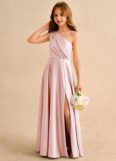 Azazie Puddles Girls Formal Robe Demoiselle D'honneur Fillette Robe Trapèze en Satin extensible Une épaule Rose Pâle image3