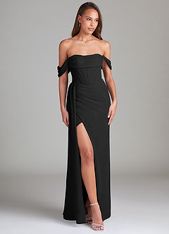 Azazie Amyra Bridesmaid Dresses Black Sheath Off the Shoulder Chiffon Convertible Dress image3