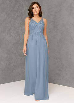 Azazie Amy Bridesmaid Dresses Dusty Blue A-Line Lace Chiffon Dress image1