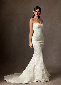 Azazie Serephina Wedding Dresses Antique White Mermaid Strapless Floral Jacquard Dress image3