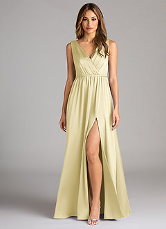 Azazie Tanicia Bridesmaid Dresses Lemon Sorbet A-Line Pleated Stretch Satin Dress image1