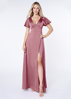 Azazie Lani Bridesmaid Dresses Vintage Mauve A-Line Flounce Sleeve Stretch Satin Dress image1