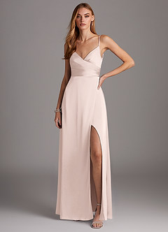 Azazie Calissa Bridesmaid Dresses Blushing Pink A-Line V-Neck Pleated Stretch Satin Dress image1