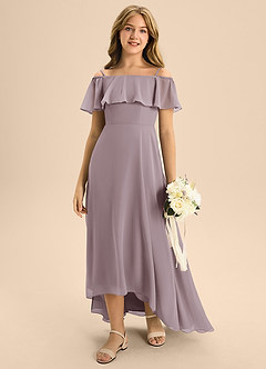 Azazie Maggie Junior A-Linie Schulterfrei Chiffon Kleid Dämmerung image3