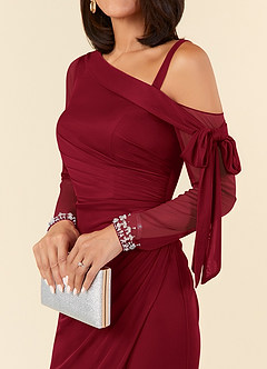 Azazie Marna Mother of the Bride Dresses Burgundy Sheath One Shoulder Mesh Dress image4