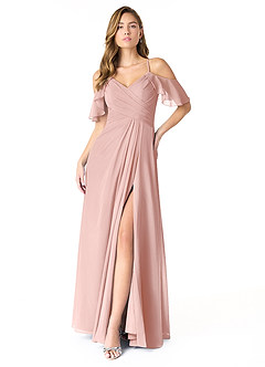 Azazie Dakota Robes de demoiselle d'honneur Robe Trapèze en Mousseline de soie Col V plissé Rose Poudré image5