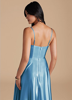 Azazie Elle Bridesmaid Dresses Steel Blue A-Line with Pockets Metallic Satin Dress image7