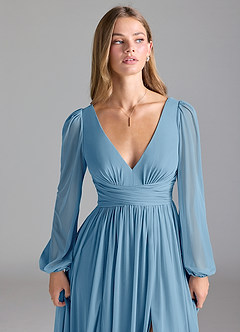 Azazie Norah Bridesmaid Dresses Steel Blue A-Line Mesh Dress image7